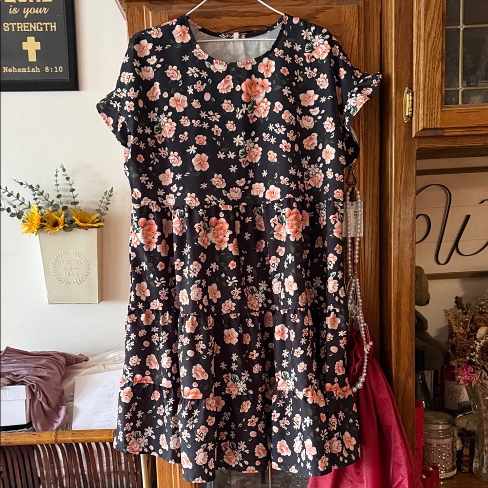 SHEIN Black and Pink Floral Midi Dress